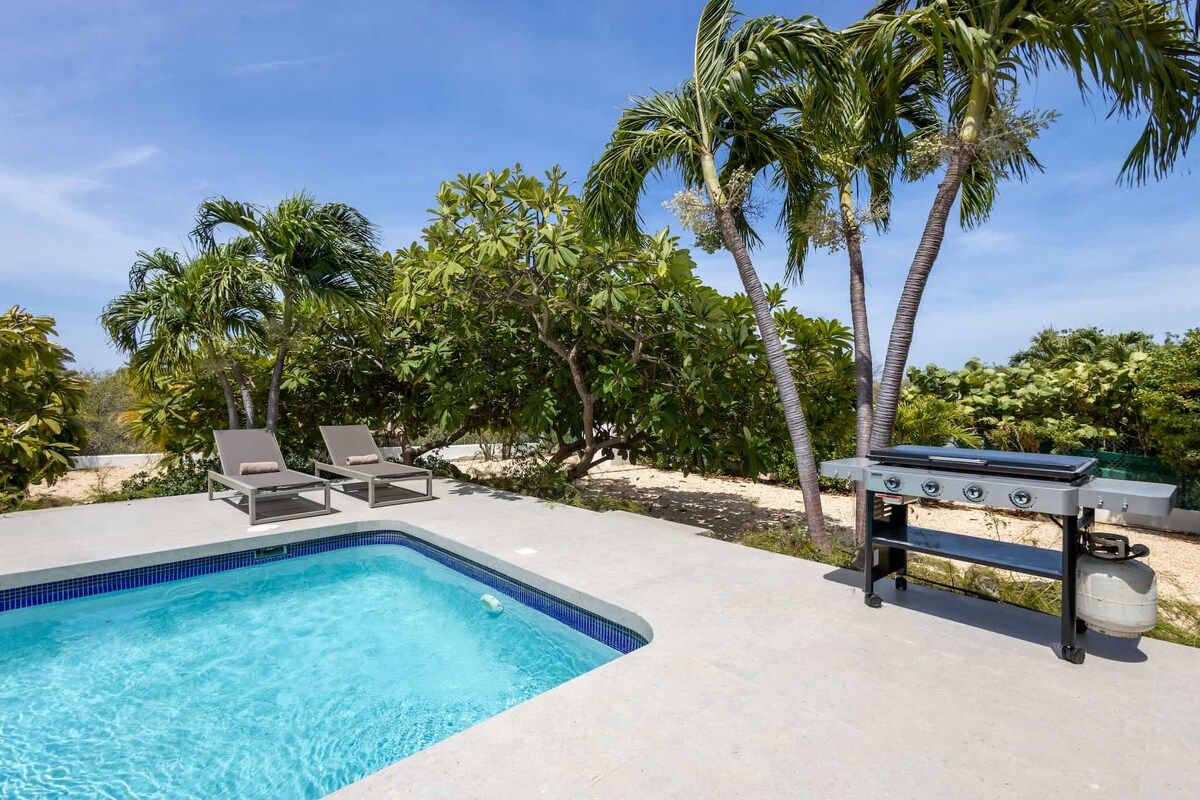 A swimming pool with lounge chairs and a barbecue grill.