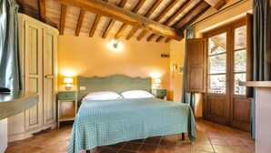 A bedroom with a wooden ceiling, a bed with a green bedspread, two bedside lamps, and a view of the outdoors through a door. - Villa of approximately 150 m2 located on the ground floor and on two levels with air conditioning, independent heating and wi fi line.Composed of a large living room with independent equipped kitchen, fridge, microwave oven, toaster, sofa and satellite t (Sorano)
