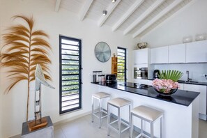 A modern kitchen with white cabinets, a black countertop, and a central island with stools. There is a large window with blinds, a clock on the wall, and a decorative bird sculpture. - Beachfront villa with private beach and pool (Sint Willibrordus)