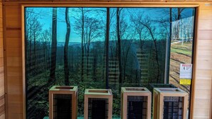 Ein Zimmer mit großem Fenster und Blick auf einen Wald, ein Warnschild bezüglich Elektroheizungen sowie drei Klimaanlagen.