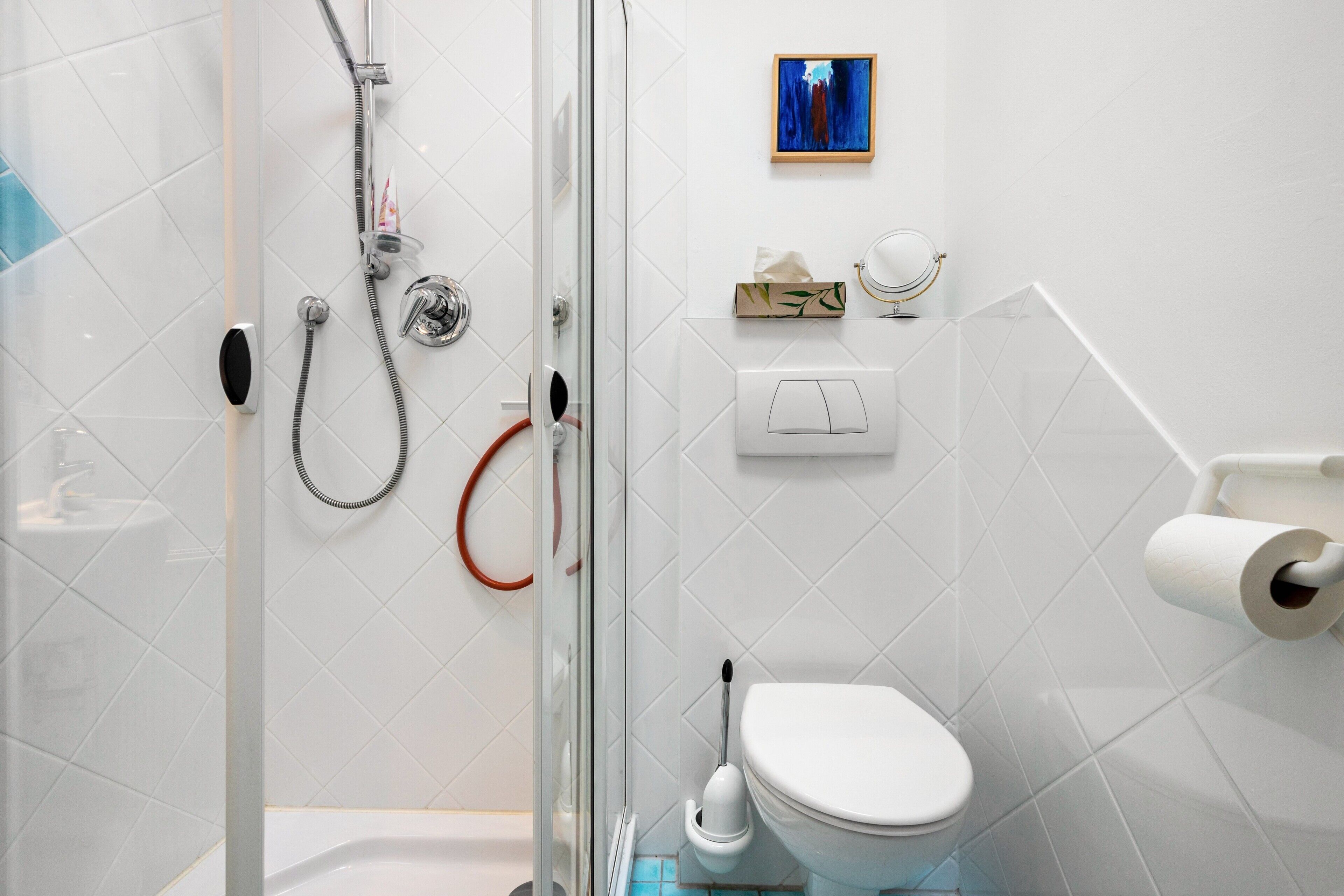 A modern bathroom with a glass shower enclosure, a toilet, a bidet, and a small framed artwork on the wall.