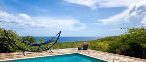 A pool with a hammock and potted plants on a wooden deck with a view of the ocean.