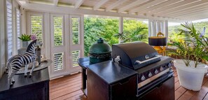 An outdoor patio with a grill, potted plants, and a zebra statue. - Spacious villa with pool and ocean views (Sint Willibrordus)