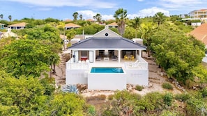 A house with a swimming pool, surrounded by lush greenery and other houses in the background. - Designer sea-view villa with private pool (Sint Willibrordus)