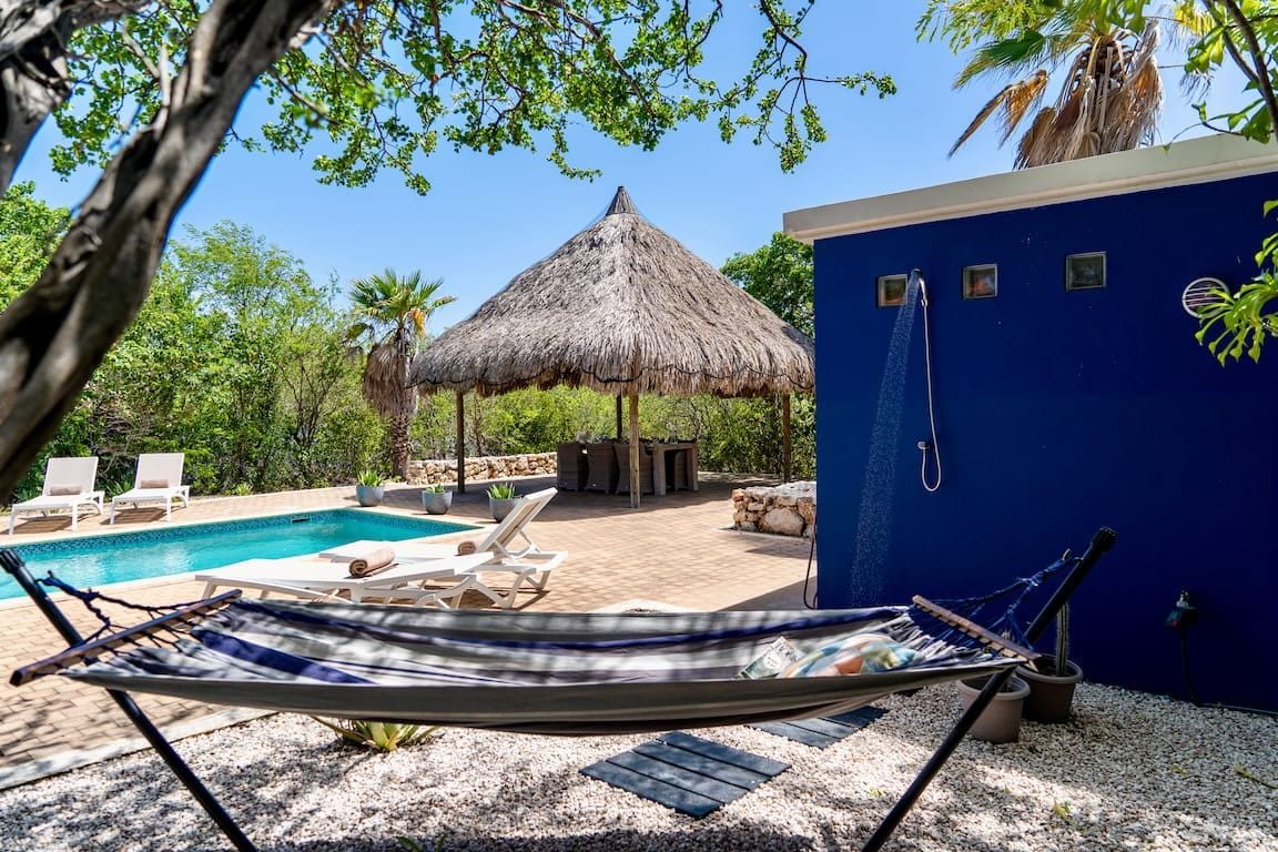 A hammock, a pool, lounge chairs, a thatched-roof structure, and a blue wall with a hook.