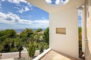 Een balkon met uitzicht op zee en groen, een douche en een klein fotokader aan de muur.