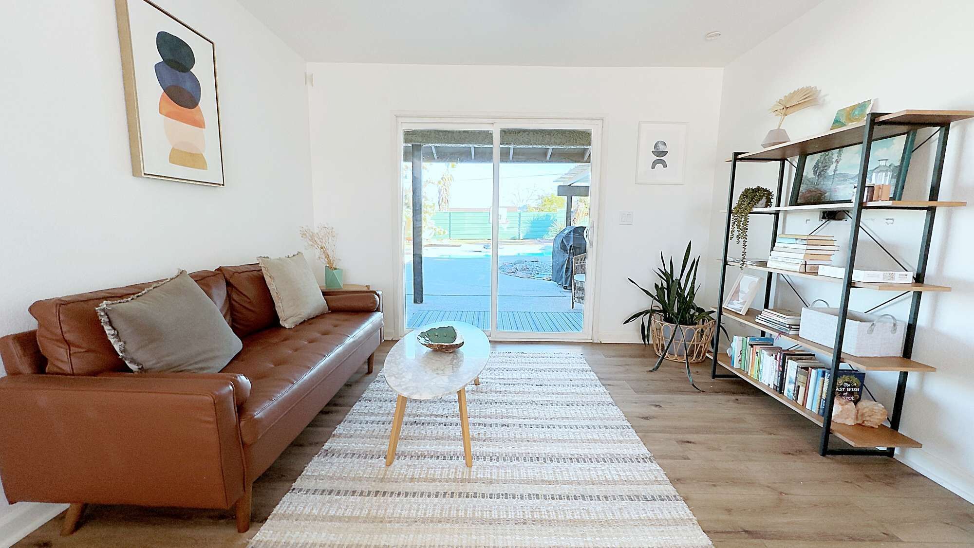 Televisión, chimenea y libros 