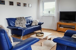 Ein Wohnzimmer mit einem blauen Ledersofa, einem Holztisch, einem Fernseher auf einem Holzschrank und einem Fenster mit Vorhängen.