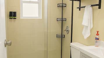 Shower, free toiletries, towels, soap