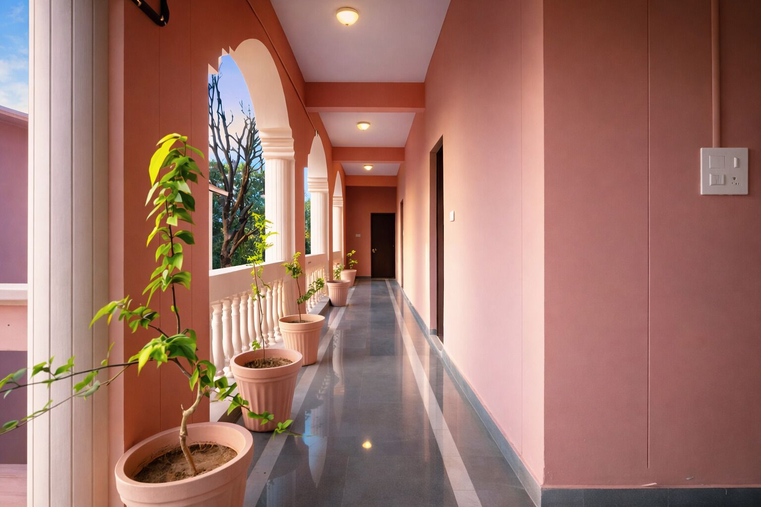 Un pasillo con plantas en macetas, columnas blancas y suelo de baldosas.
