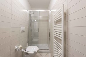 Une petite salle de bain moderne avec une douche à parois de verre, des toilettes et un porte-serviettes.
