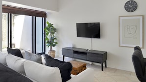A modern living room with a sofa, a coffee table, a TV, a plant, and a framed picture on the wall. - Modern Sea Point Oasis Garden Pool BBQ Gym (Cape Town)