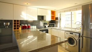 A modern kitchen with granite countertops, stainless steel appliances, and a built-in washing machine. - Upmarket 2bed City Retreat Close to V A Waterfront (Cape Town)