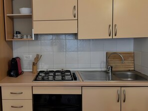 Kjøleskap, ovn, kokeplater og kaffetrakter/tekoker