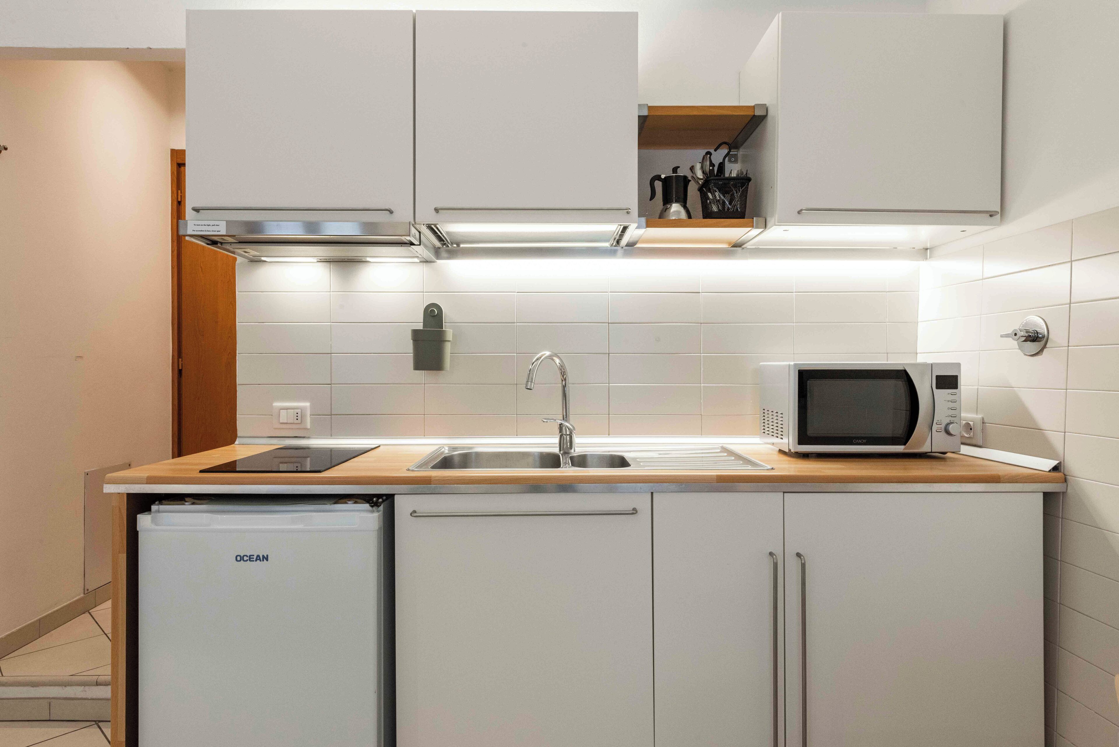 Basic Studio | Private kitchen | Fridge, microwave, stovetop, cookware/dishes/utensils