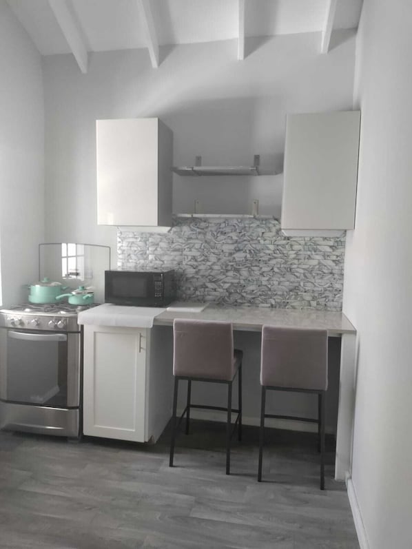 Chambre Double Confort, cuisine, vue jardin | Cuisine privée | Grand réfrigérateur, micro-ondes, four, plaque de cuisson