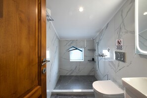 Secadora de cabello, toallas, jabón, papel de baño 