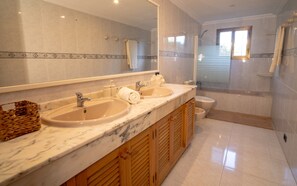 Shower, hair dryer, towels