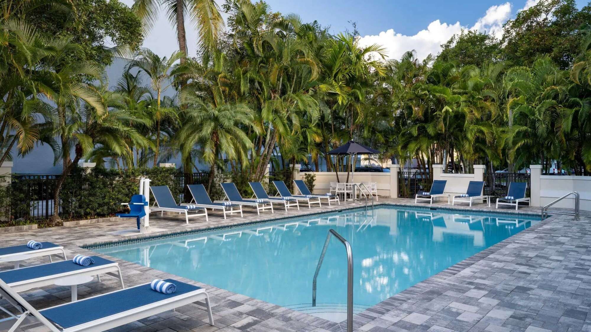 A swimming pool with lounge chairs and palm trees.