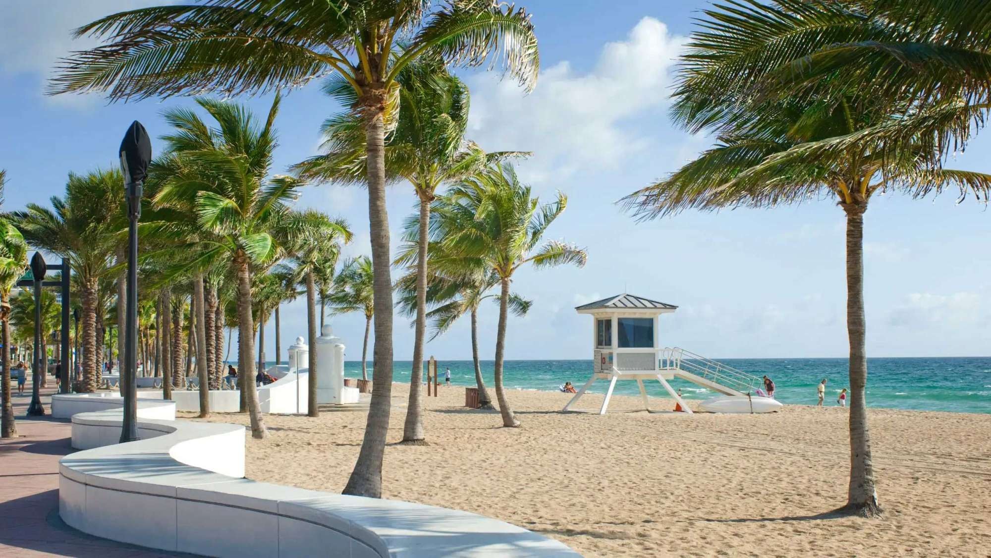 A beach with palm trees, a lifeguard tower, and a clear blue sky.