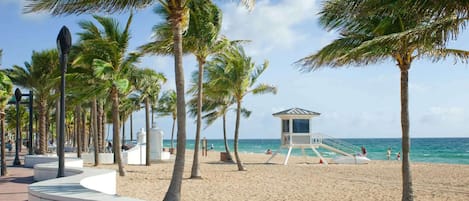 A beach with palm trees, a lifeguard tower, and a clear blue sky.