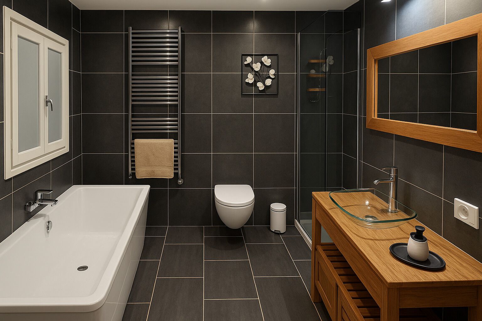 Shower, jetted tub, hair dryer, soap