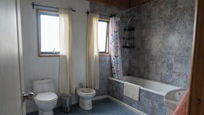 Een badkamer met toilet, bidet, bad en douchegordijn.