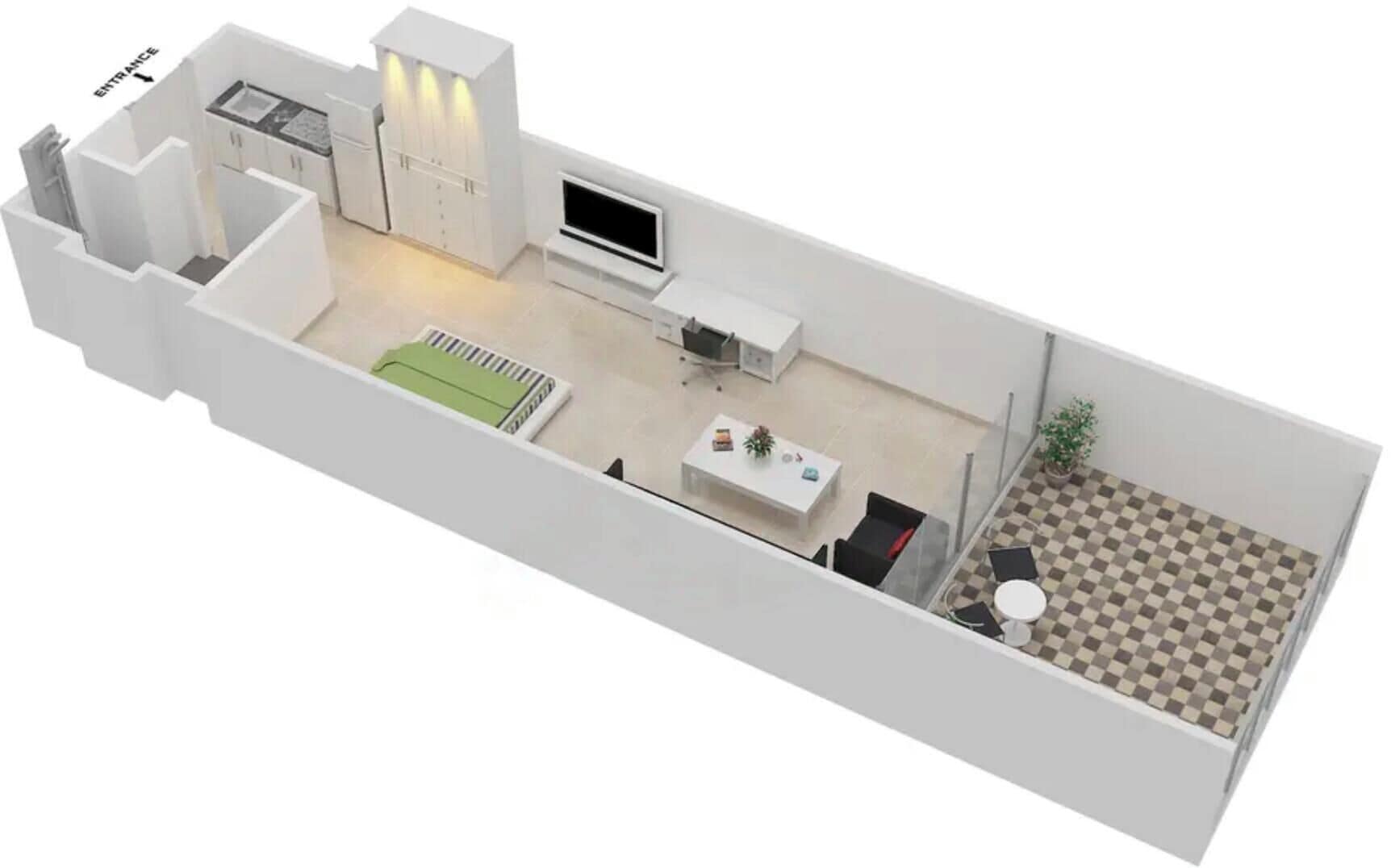 A 3D layout of a modern apartment with a kitchen, dining area, and a small living space.