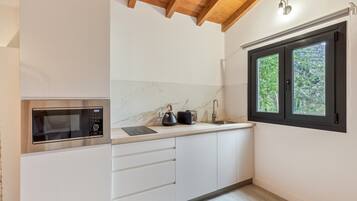 Frigorífico, microondas, placa de cocina y cafetera o tetera