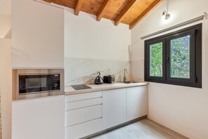 Una cucina moderna con forno a microonde integrato, lavandino e finestra vista sul verde.