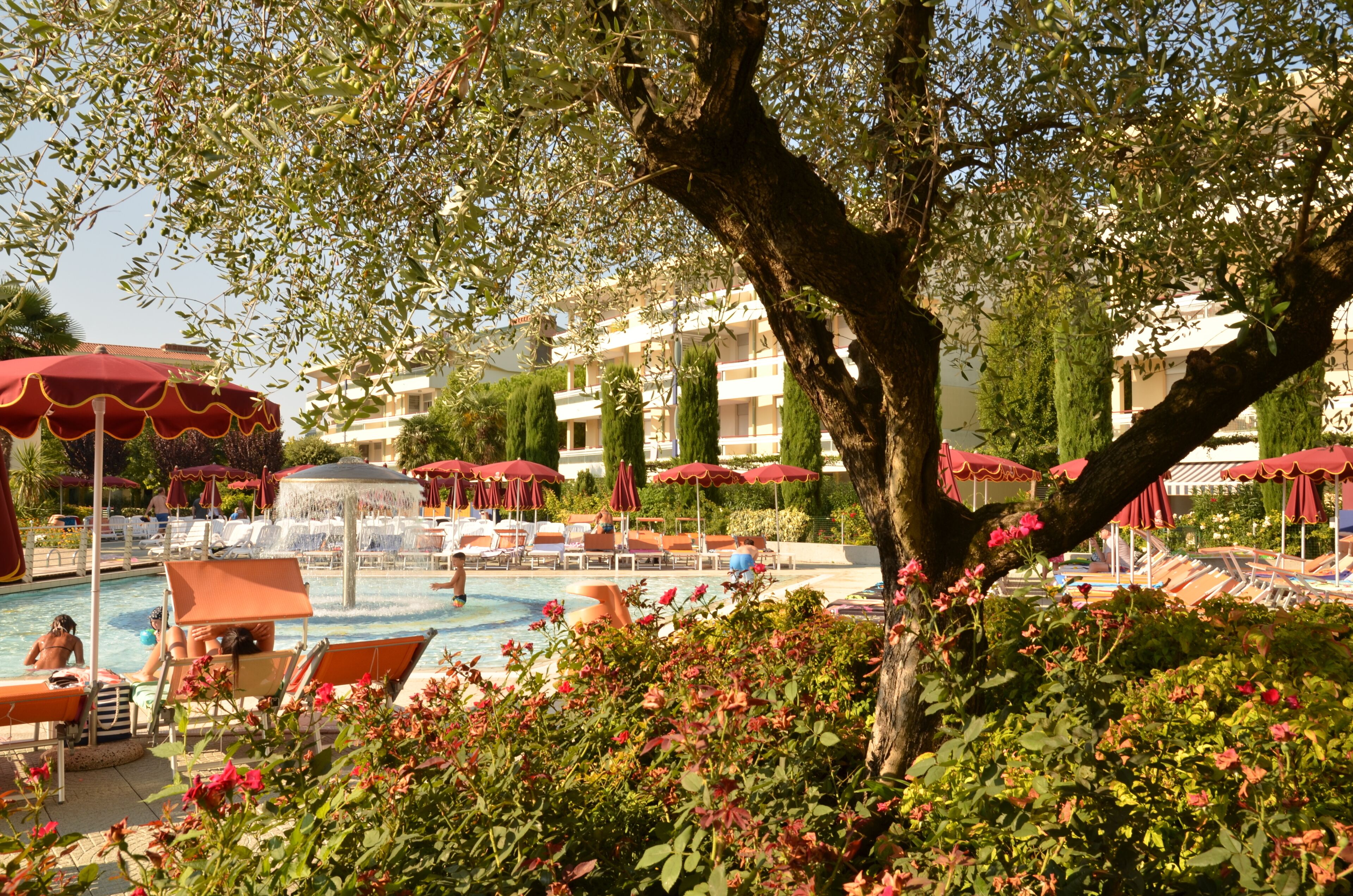 Zona de piscina con sillas de descanso y sombrillas, rodeada de follaje y un edificio al fondo.