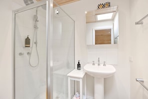 A modern bathroom with a glass-enclosed shower, a white sink, and a mirror above the sink. - Cora Lynn 14 (Lorne)