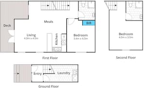 A floor plan of a house with a deck, living room, kitchen, two bedrooms, and a laundry area. - Cora Lynn 14 (Lorne)