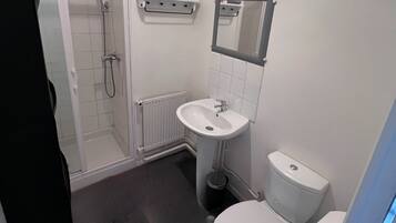 A small bathroom with a toilet, sink, and shower.