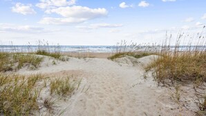 A sandy beach path leading to the ocean, surrounded by grass and dunes. - Spacious Beachfront Duplex - Top Floor - Dog Friendly 124 S Fletcher (Fernandina Beach)