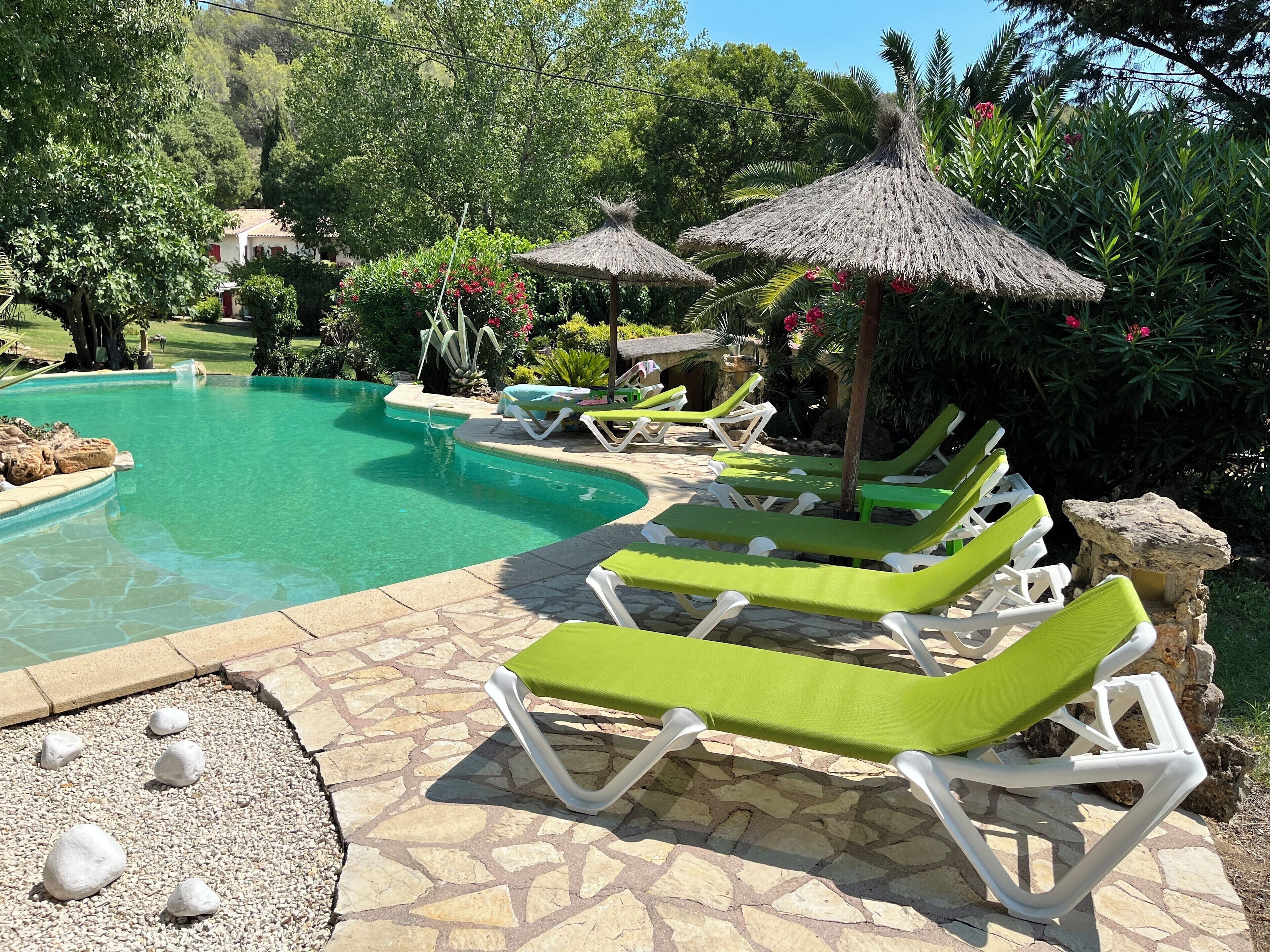 A pool area with lounge chairs, a stone-tiled deck, and a thatched umbrella.