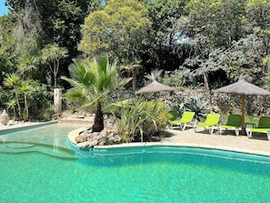 Una piscina cristalina con borde curvo, rodeada de sillones verdes y sombrillas de paja, con abundante follaje al fondo.