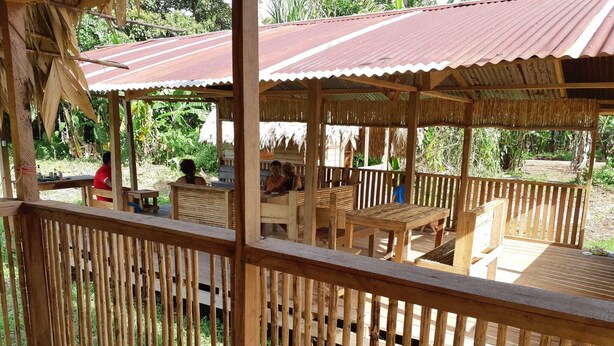 A wooden deck with a thatched roof structure, surrounded by greenery. - Eden travel Cabecars (Valle La Estrella)