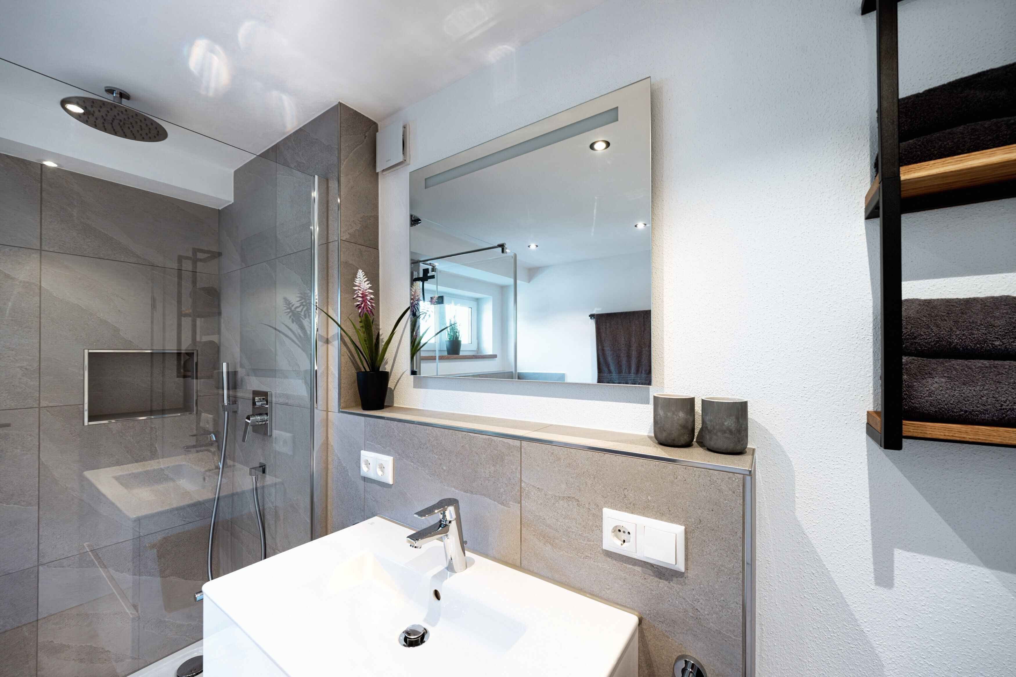 A modern bathroom with a glass shower enclosure, a white sink, and a large mirror above the vanity.