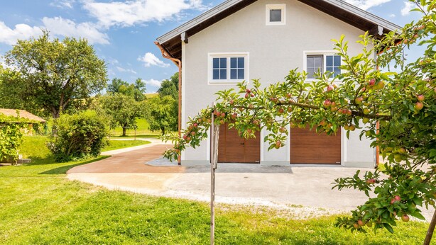 A two-story house with a garage, surrounded by greenery and trees.