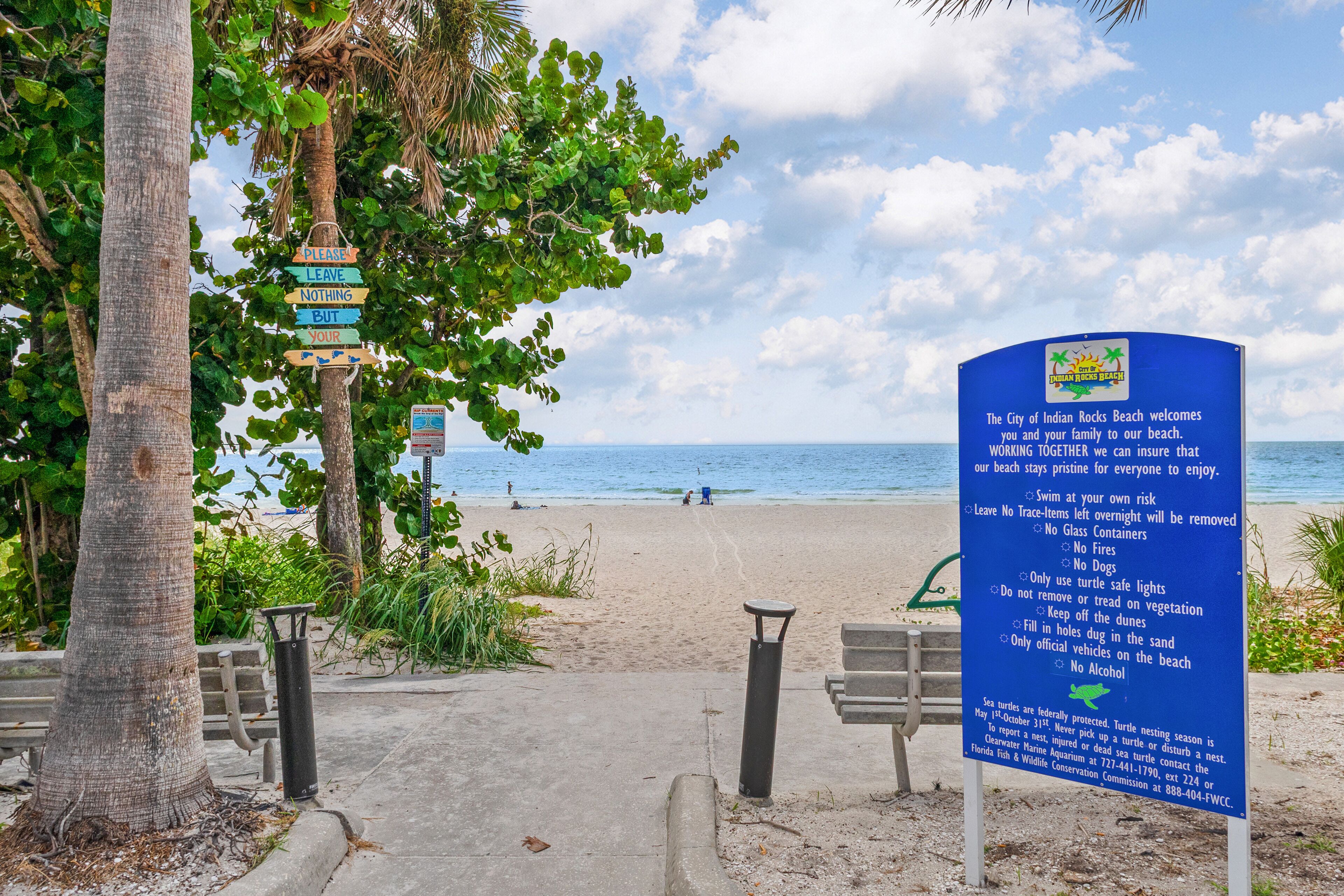 A beach entrance with a signboard and a palm tree.