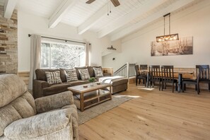 Smart TV, fireplace, books