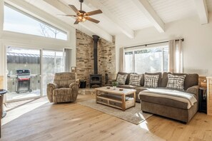 Smart TV, fireplace, books