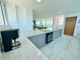 Fridge, microwave, coffee/tea maker, blender