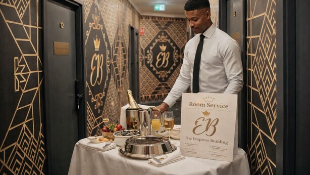 A hotel room service table with a bottle of champagne, glasses, and a menu. - Empress Building (Mexborough)