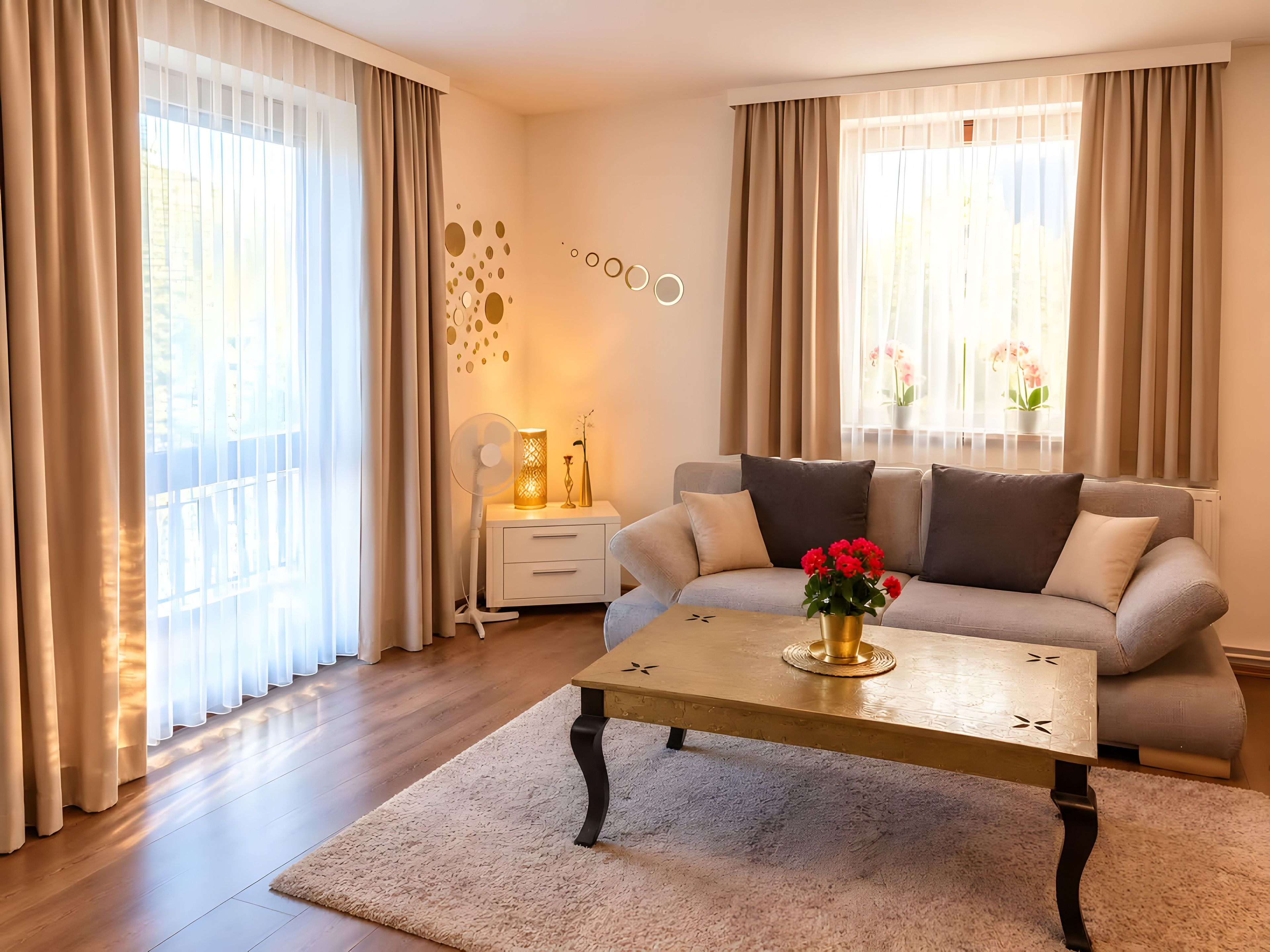 A modern living room with a sofa, a coffee table with a vase of flowers, a standing lamp, and sheer curtains.