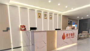Un espace d’accueil d’hôtel avec un comptoir en marbre, des tableaux encadrés accrochés au mur et un design épuré et moderne.