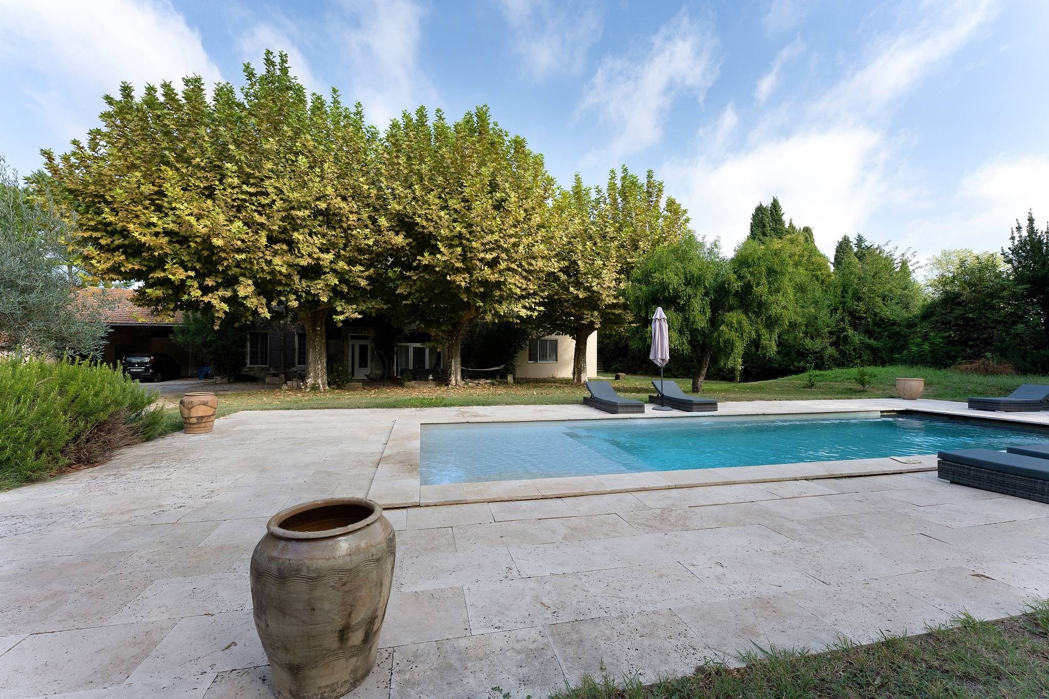 A swimming pool with a patio area, a large tree, and a house in the background.
