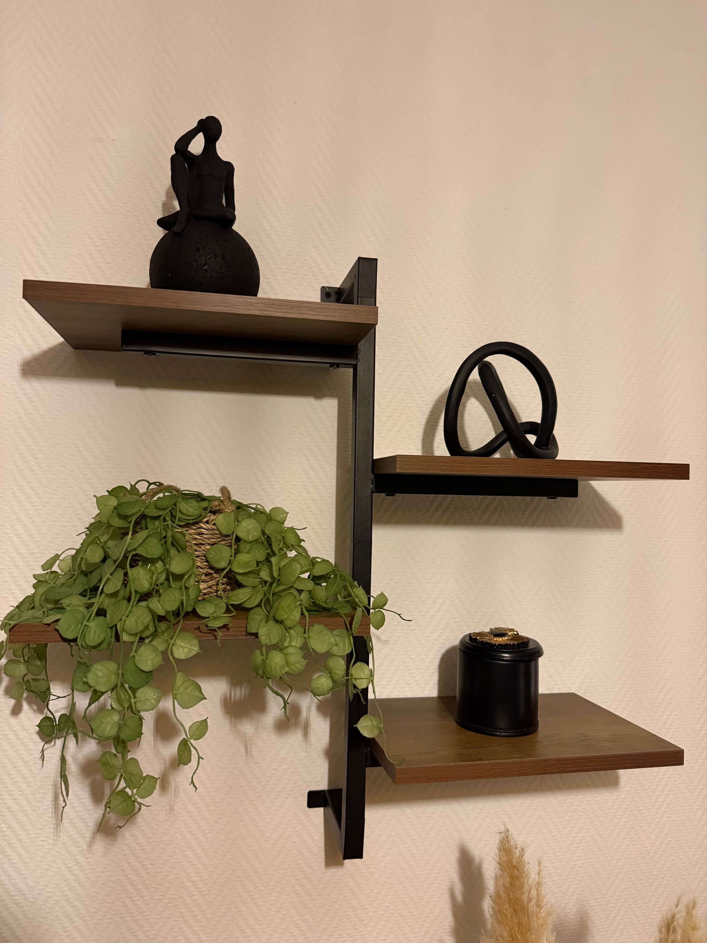 Eine wandmontierte Regalunit mit einem Blumentopf, einem Dekorationsobjekt und einem schwarzen Behälter.