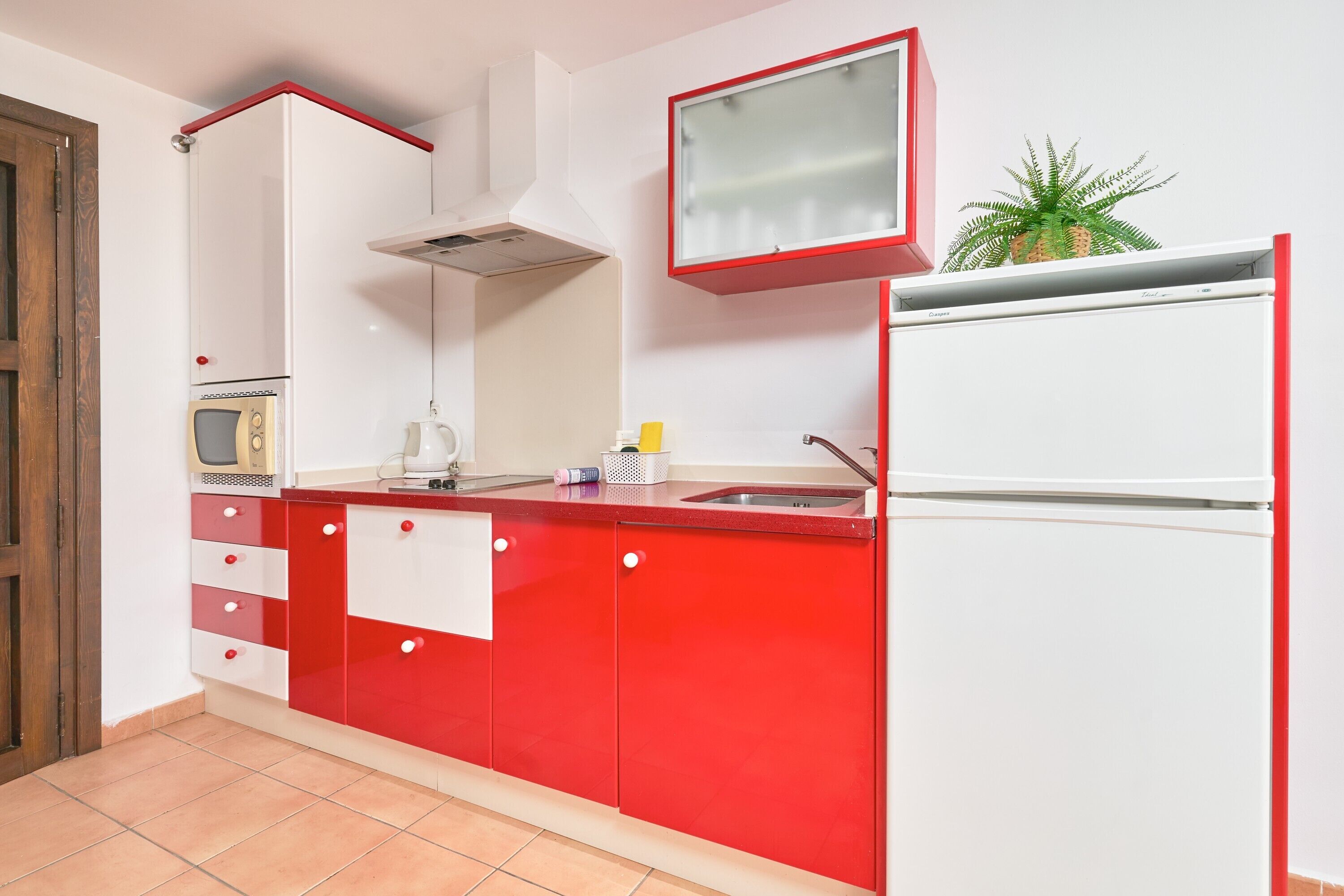Une cuisine aux couleurs rouge et blanc, avec un four à micro-ondes, un évier et une plante en pot.